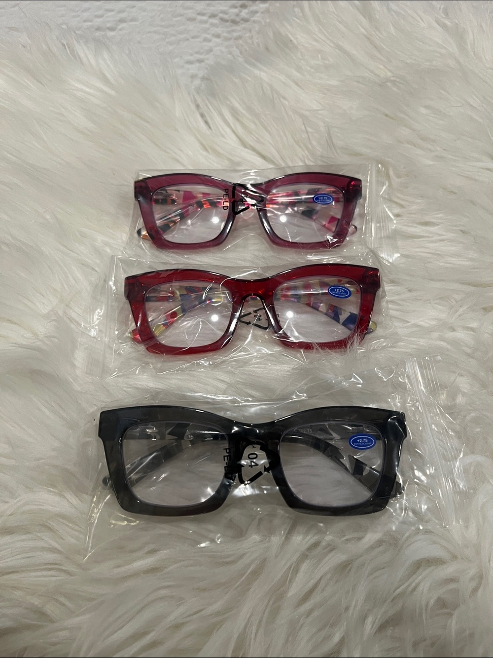 3 pr Super cute Square Frame glasses 2.75 reading. Has hinged arms. NWT